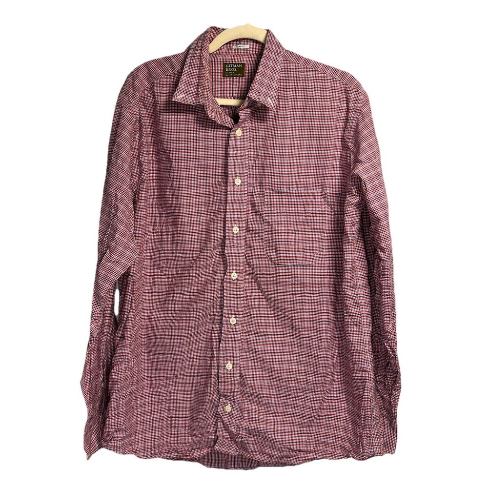 Gitman Bros Shirt Men's Large Red Blue Gingham Check Plaid Dress Slim Fit Button